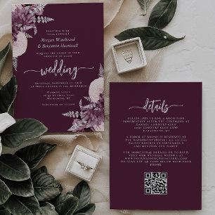 Invitation Mariage Code QR Fleurs Argent Mauve