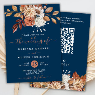 Invitation Mariage Code QR Floral Aquarelle Automne Bleu Mari