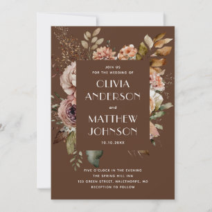 Invitation Mariage Code QR Floral Aquarelle Brun Chocolat