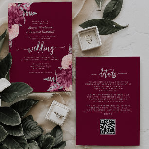 Invitation Mariage Code QR Floral Argenté Teinté de Bourgogne
