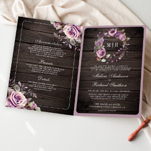 Invitation Mariage Code QR Floral Bois Rustique Violet Poussi