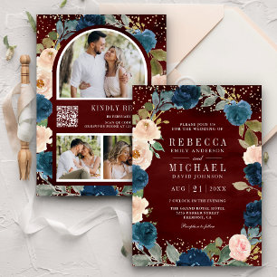Invitation Mariage Code QR Floral Burgundy Bleu Nuit Peche