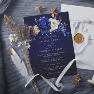 Invitation Mariage code QR floral chic bleu royal blanc or
