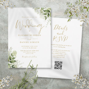 Invitation Mariage Code QR Floral de verdure de script doré