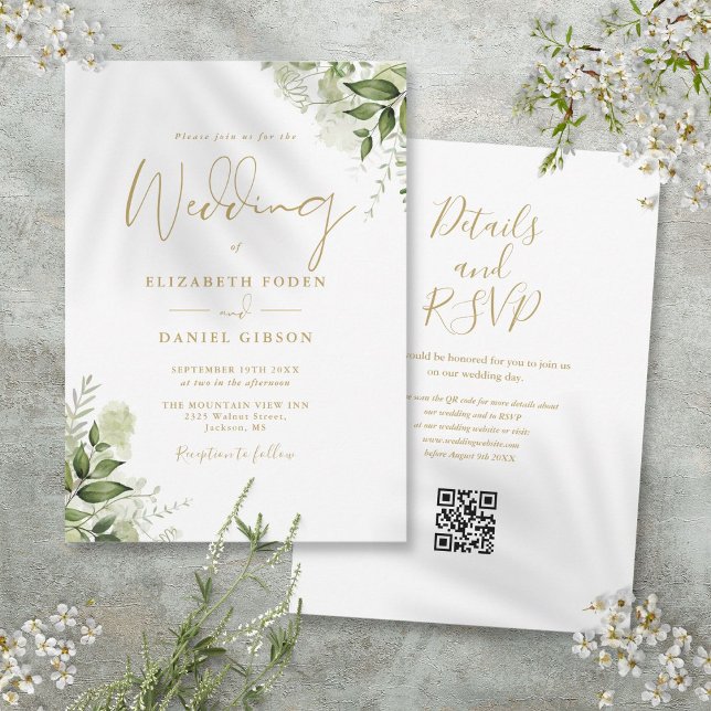 Invitation Mariage Code QR Floral de verdure de script doré (Gold Script Greenery Floral QR Code Wedding Invitation)