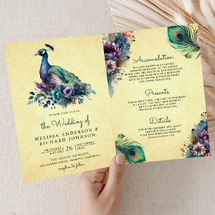 Invitation Mariage Code QR Floral Feather Paon Vintage