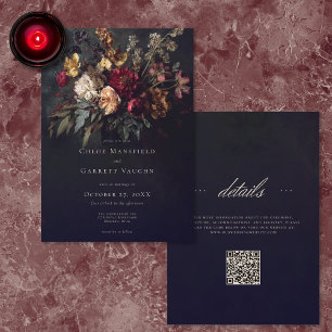 Invitation Mariage Code QR Floral Gothique Sombre Romantique