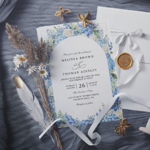 Invitation Mariage Code QR Floral Hortensias Bleus Roses Blan