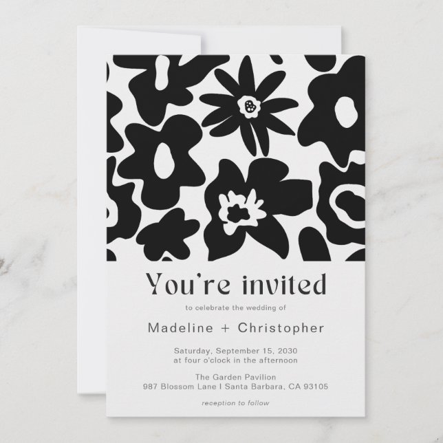 Invitation Mariage Code QR Floral Noir Moderne (Devant)