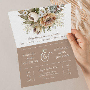 Invitation Mariage Code QR Floral Taupe Terreux Bohème Neutre