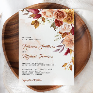 Invitation Mariage Code QR Floral Terracotta Bourgogne Rustiq