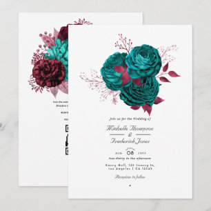 Invitation Mariage code QR floral turquoise et burgundy