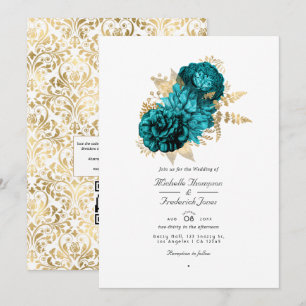 Invitation Mariage Code QR Floral Turquoise et Or Vintage