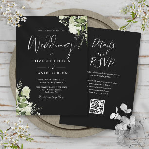 Invitation Mariage Code QR Floral Végétal Noir et Blanc