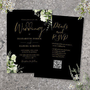 Invitation Mariage Code QR Floral Végétal Noir et Or