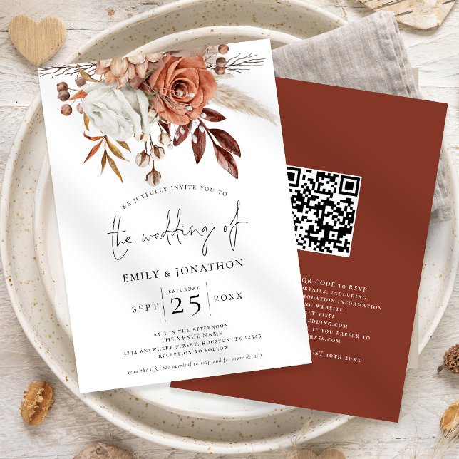 Invitation Mariage Code QR Florales en Terracotta Rustique (Front and back view)