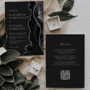 Invitation Mariage Code QR Foncé Agate Argent Noir