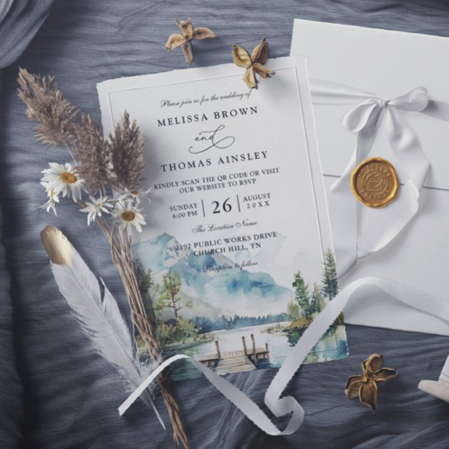 Invitation Mariage Code QR Forêt Aquarelle Lac de Montagne (Créateur téléchargé)