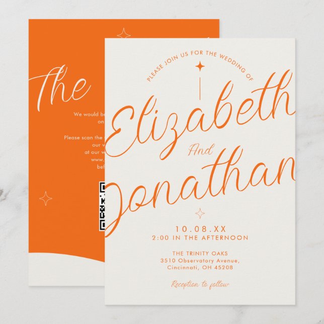 Invitation Mariage Code QR Gras Moderne Rétro Orange (Devant / Derrière)
