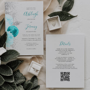 Invitation Mariage Code QR Gris Argent Floral Turquoise