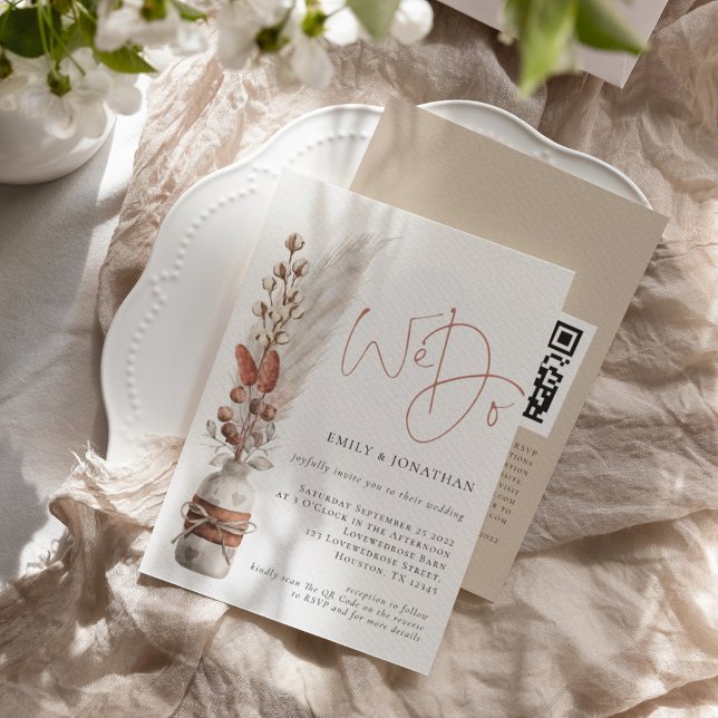 Invitation Mariage Code QR Herbes des Pampas Rustique (Créateur téléchargé)