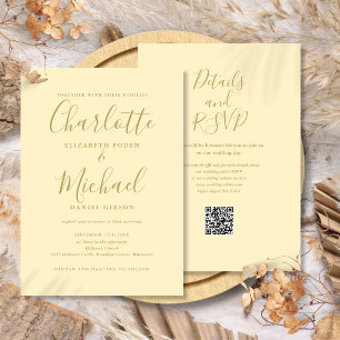 Invitation Mariage Code QR Jaune Bouton d'Or et Or