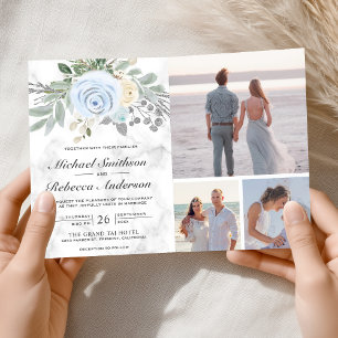 Invitation Mariage Code QR Marbre Blanc Floral Bleu Poussiére