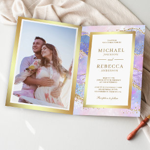 Invitation Mariage Code QR Marbre Rose Or Agate