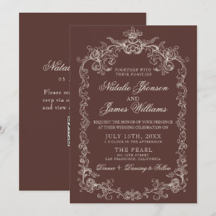 Invitation Mariage Code QR Marron Chocolat Ancien Argent