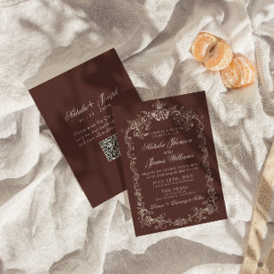 Invitation Mariage Code QR Marron Chocolat Ancien Argent