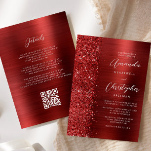Invitation Mariage Code QR Métal Brossé Rouge Glam