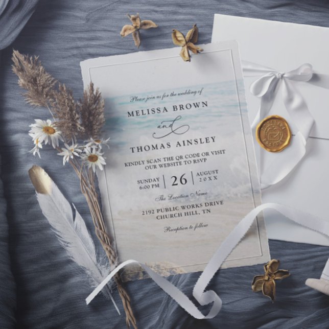 Invitation Mariage Code QR Moderne Eau Aqua Sable Ondulé (Créateur téléchargé)