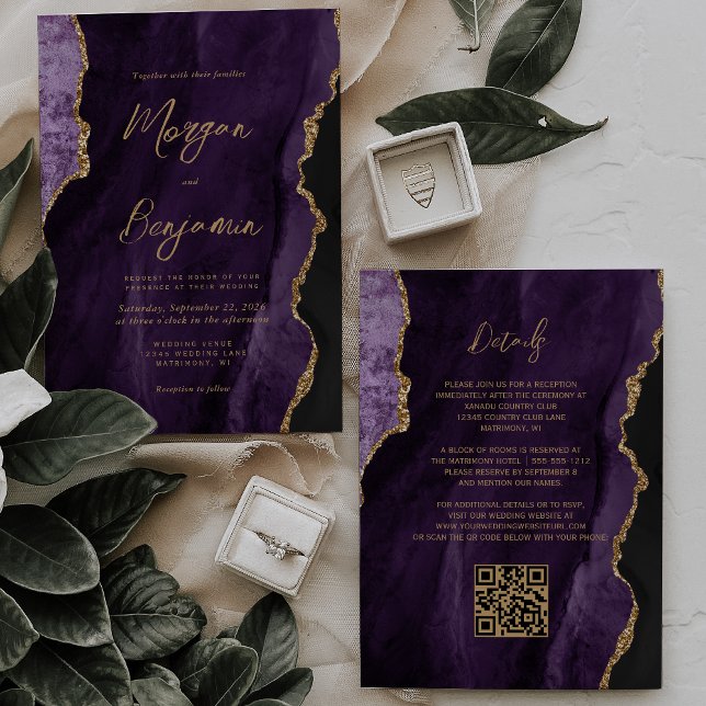 Invitation Mariage Code QR Moderne Écriture Agate Violette (Créateur téléchargé)
