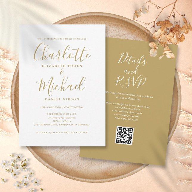 Invitation Mariage Code QR Moderne Élégant Script Doré (Gold Elegant Modern Script QR Code Wedding Invitation)