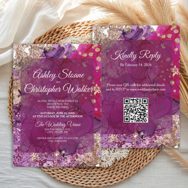 Invitation Mariage code QR Moderne Magenta Prune Or (Elegant and modern magenta, purple and gold glittery wedding invitation with QR code)