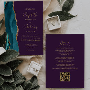 Invitation Mariage Code QR Moderne Sarcelle Or Agate Violet