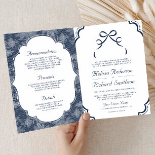 Invitation Mariage Code QR Nœud Coquette Dentelle Blanche Ble