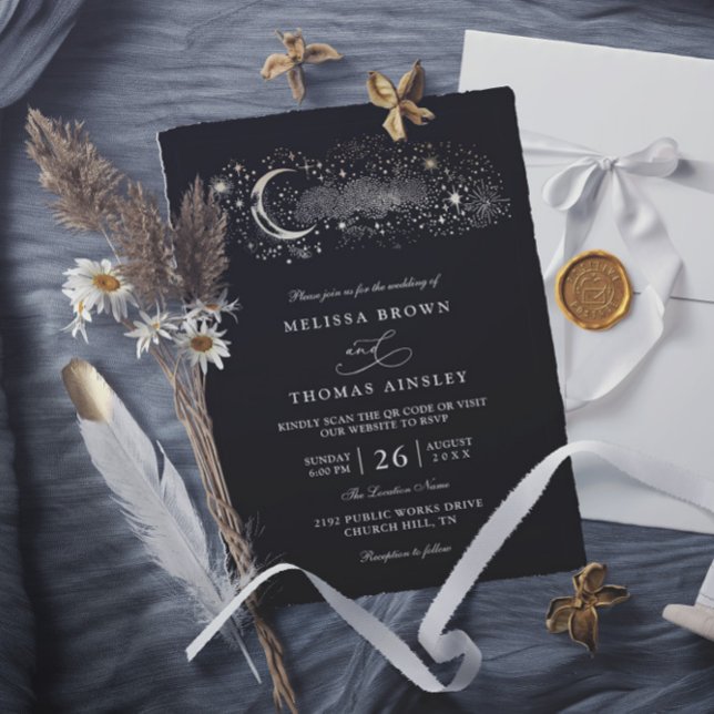 Invitation Mariage Code QR Noir Céleste Boho Lune Étoiles (Créateur téléchargé)