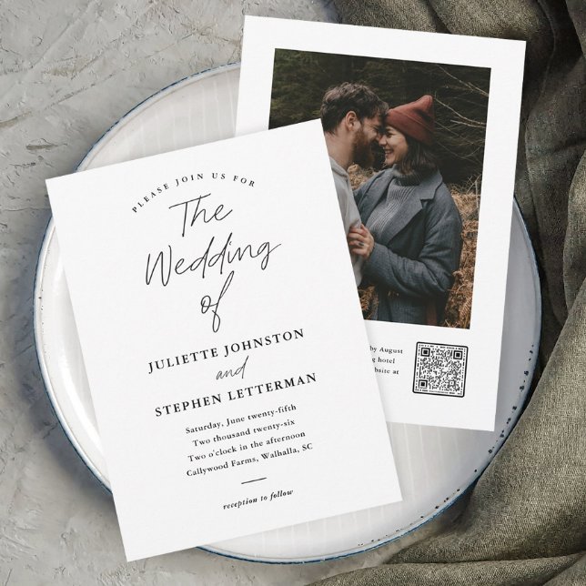 Invitation Mariage code QR noir et blanc Script Moderne  (Modern script typography black and white wedding invitation with photo and QR Code Rsvp on the back.)