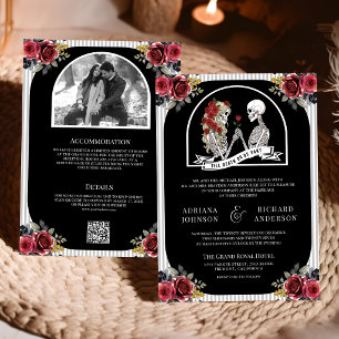 Invitation Mariage Code QR Noir Roses Couple de Squelettes Go