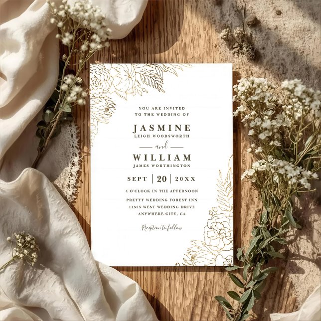 Invitation Mariage Code QR Or Floral Ligne Dorée Minimaliste (Créateur téléchargé)