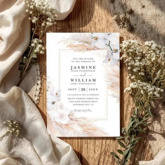 Invitation Mariage Code QR Orchidées Blanches Roses Herbe de  (Créateur téléchargé)