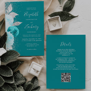 Invitation Mariage Code QR Paillettes Argent Turquoise Floral