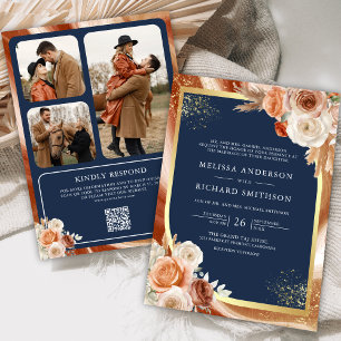 Invitation Mariage Code QR Photo Bleu Nuit Floral Terracotta