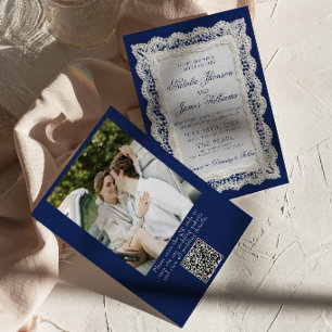 Invitation Mariage Code QR Photo Bleu Royale Ancien Argent