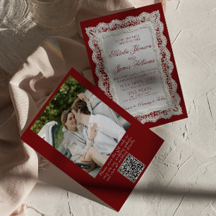 Invitation Mariage Code QR Photo Bourgogne Dentelle Argent An
