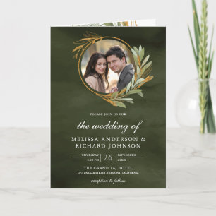 Invitation Mariage Code QR Photo Feuilles d'Or Vert Olive