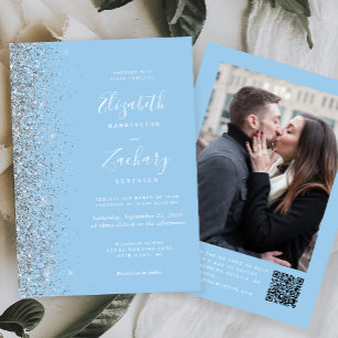 Invitation Mariage Code QR Photo Pailleté Argent Baby Blue