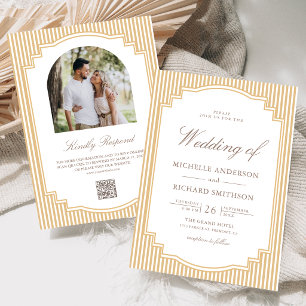 Invitation Mariage Code QR Photo Rayé Beige Classique