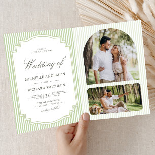 Invitation Mariage Code QR Photo Rayé Vert Sauge Classique
